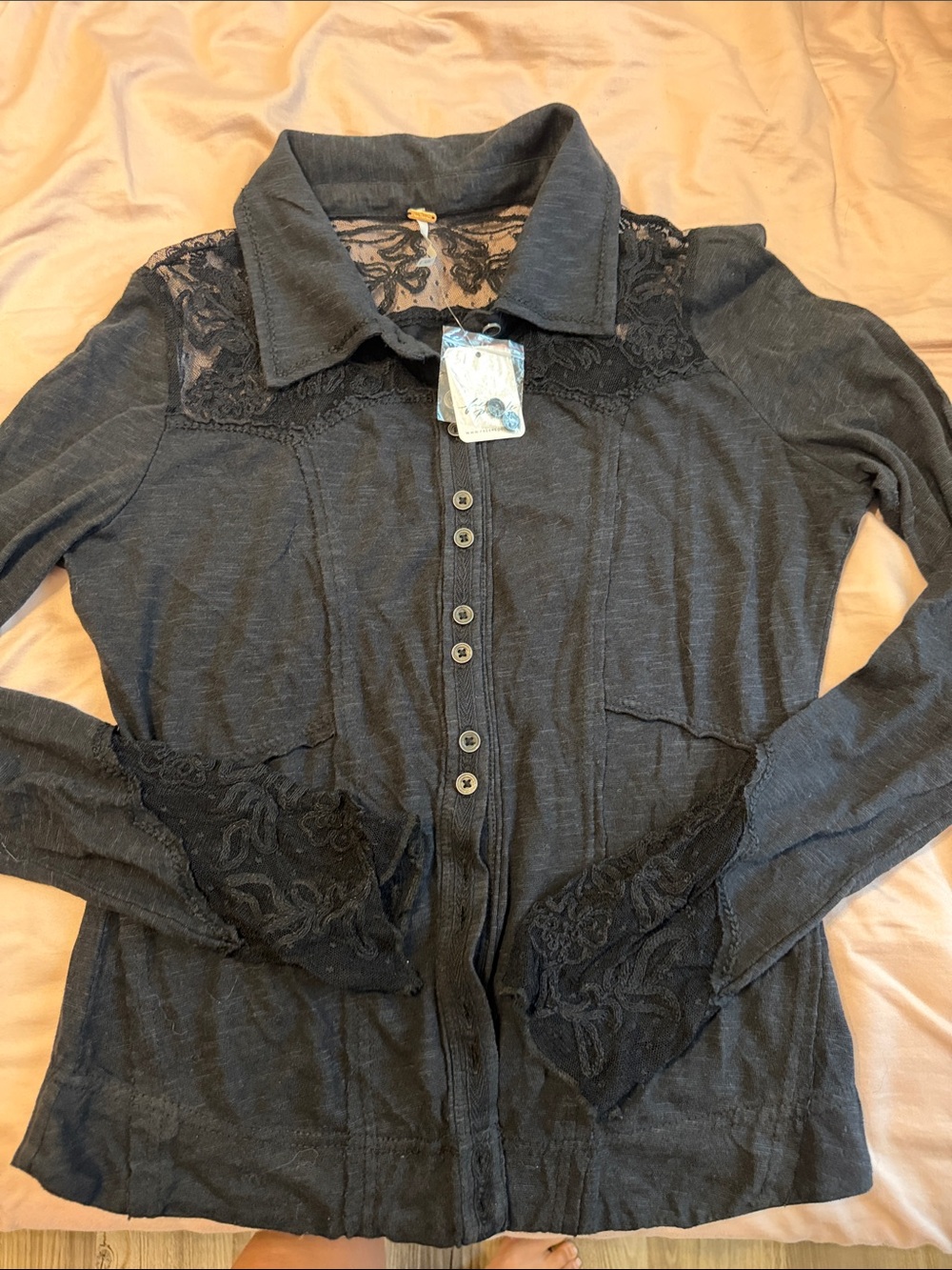 Free People Black Lace-Yoke Button Down Shirt